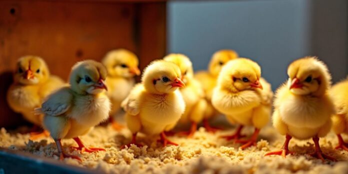 Fluffy chicks in a warm brooder settin