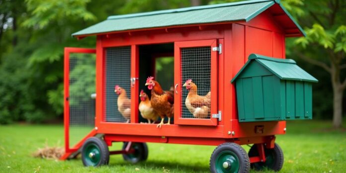 Photograph of a chicken house trolley with chickens.