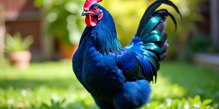 Sapphire Gem Chicken with blue feathers in green yard.